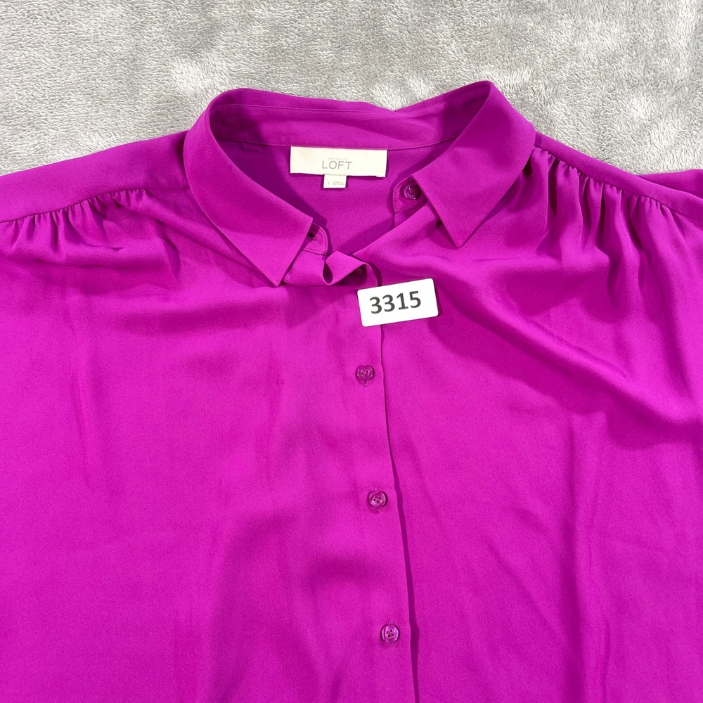 LOFT Button Down Blouse Women Size L Magenta Purple Sleeveless Gathered 311817